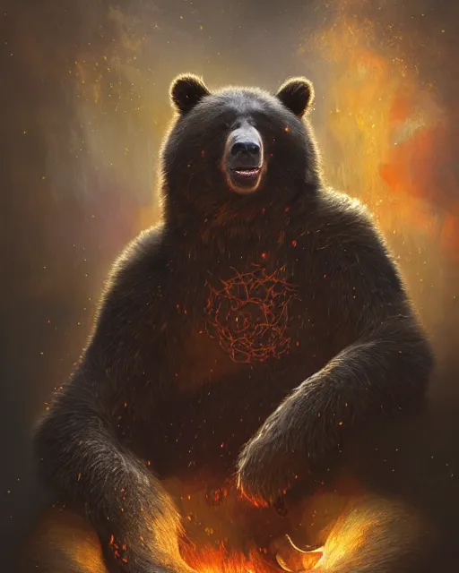 Image similar to Laughing Bear Musician, Fireplace, magic the gathering artwork, D&D, fantasy, cinematic lighting, centered, symmetrical, highly detailed, digital painting, artstation, concept art, smooth, sharp focus, illustration, volumetric lighting, epic Composition, 8k, art by Akihiko Yoshida and Greg Rutkowski and Craig Mullins, oil painting, cgsociety