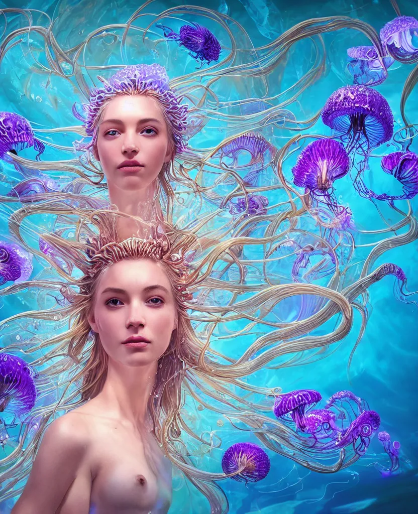 Image similar to close-up portrait of the face of a beautiful princess, surrounded by intricate twisted flowers orchid jellyfish and energy flow, water and plasma flow splashes, epic angle and pose, symmetrical artwork, 3d with depth of field, blurred background, floating jellyfish skull phoenix bird, translucent, nautilus, energy flows of water and fire. a highly detailed epic cinematic concept art CG render. made in Maya, Blender and Photoshop, octane render, excellent composition, cinematic dystopian brutalist atmosphere, dynamic dramatic cinematic lighting, aesthetic, very inspirational, arthouse. y Greg Rutkowski, Ilya Kuvshinov, WLOP, Stanley Artgerm Lau, Ruan Jia and Fenghua Zhong