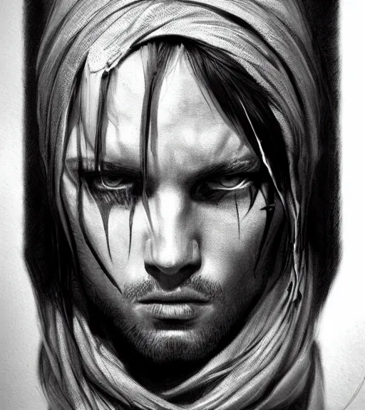 Image similar to brutal man, beautiful piercing eyes, realistic face, black and white drawing, in the style of greg rutkowski, fantasy, amazing detail, epic, intricate, elegant, smooth, sharp focus