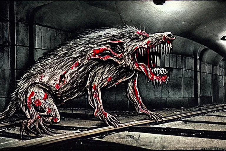 Image similar to very large giant mutant zombie irradiated ( angry rat ) staying on railways in tonnel of moscow subway. tonnel, railways, giant angry rat, furr, fangs, claws, very realistic. extreme long shot, wide angle, herman nitsch and herman nitsch, giger.