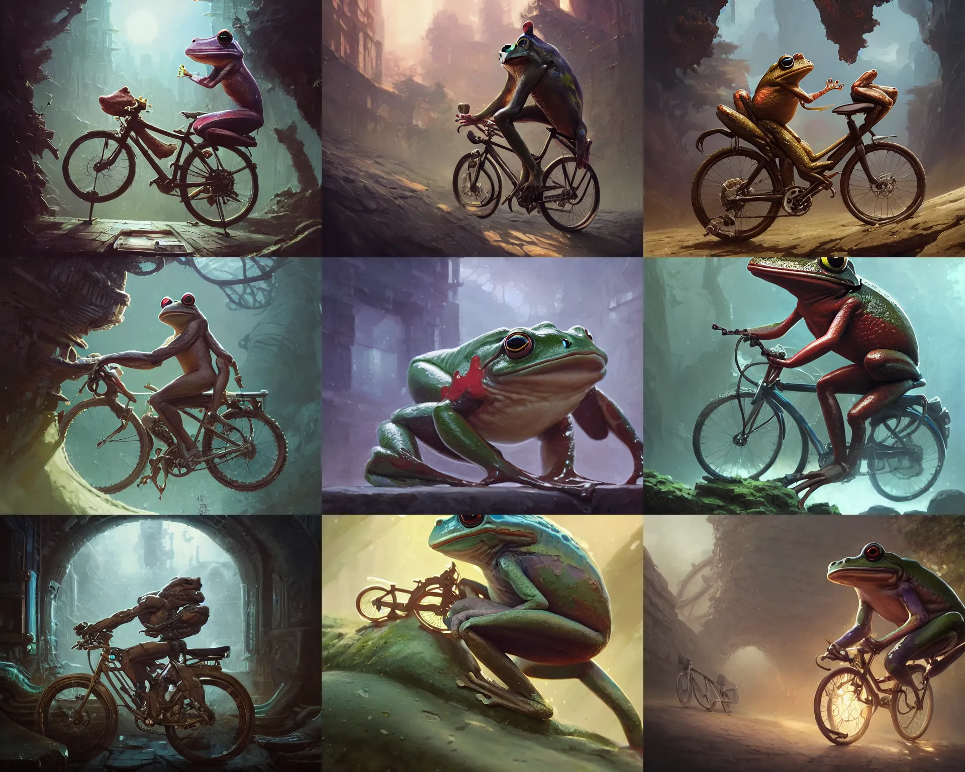 Prompt: dynamic retelling of netoges frog artificer melding a bike, magnificent, close up, details, sharp focus, elegant, highly detailed, illustration, by Jordan Grimmer and greg rutkowski and PiNe(パイネ) and 薯子Imoko and 香川悠作 and wlop and maya takamura, intricate, beautiful, Trending artstation, pixiv, digital Art