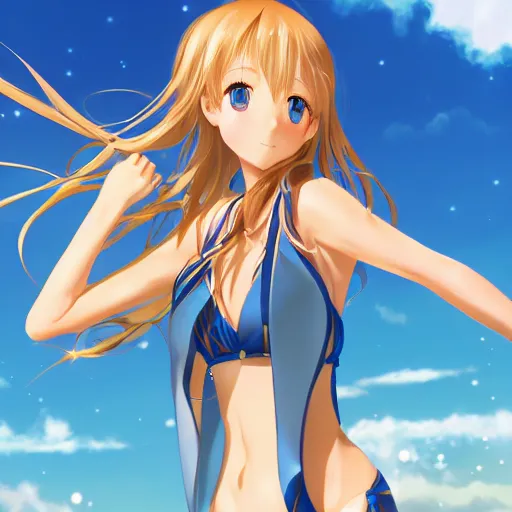 Prompt: a very beautiful young yuuki asuna, full body, long wavy blond hair, sky blue eyes, full round face,, shiny golden bikini, miniskirt, front shot, highly detailed, cinematic wallpaper by stanley artgerm lau