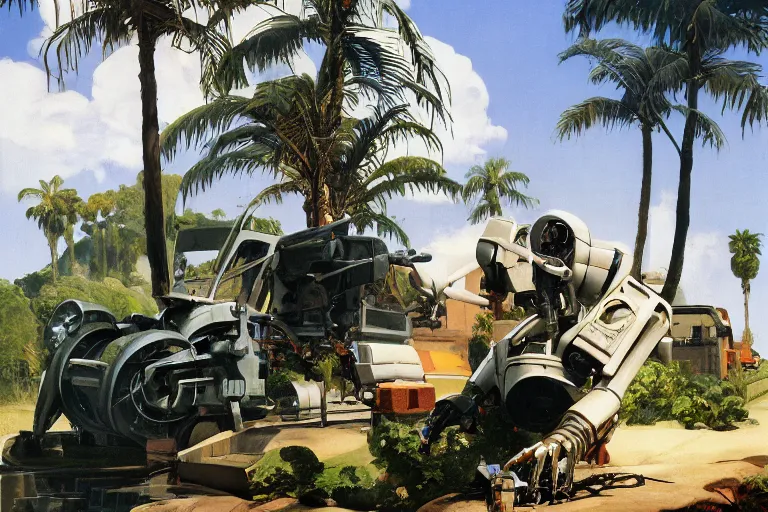 Image similar to natural american landscape | robot repairing another robot | palm trees, painting by syd mead and weta studio and james jean, frank frazetta, highly detailed, rule of third, soft lighting, 8 k resolution, oil on canvas, architectural magazine, beautiful detailed, insanely intricate details, artstation trending, hypermaximalistic, high details, cinematic