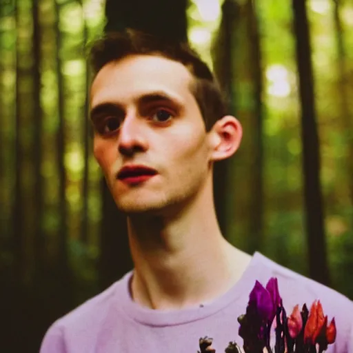 Prompt: close up kodak portra 4 0 0 photograph of a skinny guy standing in dark forest, face of flowers, moody lighting, telephoto, 9 0 s vibe, blurry background, vaporwave colors, faded!,