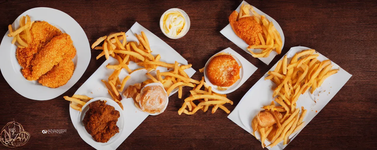 Prompt: soul food spread, depth of field, food photography, isometric, tasty, mcdonalds, wide shot, studio, bokeh, gmaster, cooking, food, kodak, sony, canon