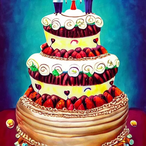Prompt: a surrealist symmetric painting of a huge mountain sized cake with whipped cream, fruit and chocolate in the shape of the number five. a girl standing on top. award winning.