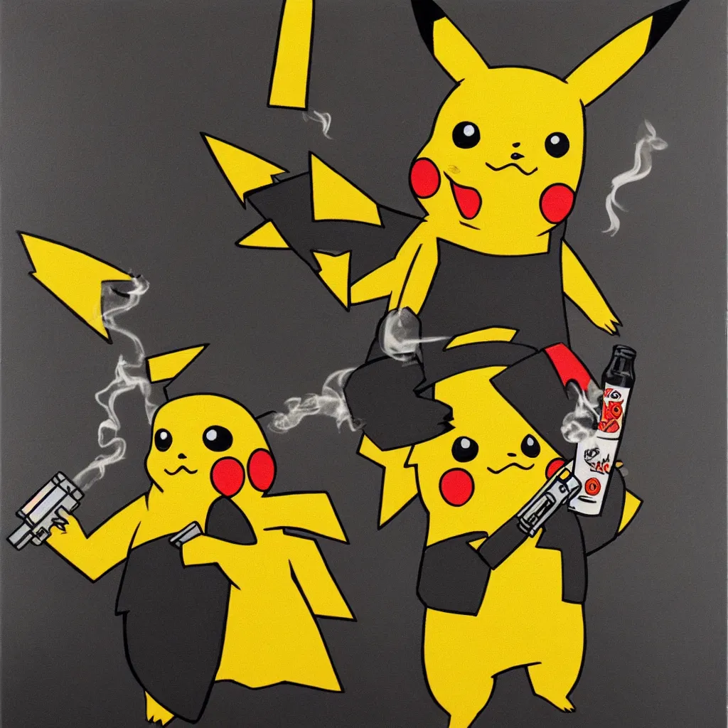Prompt: Pikachu with a gun, smoking and drinking beer, oil painting, gangster
