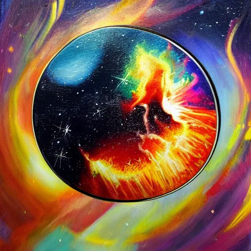 Image similar to a painting of a coin with space explosions