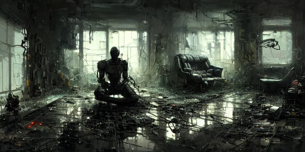 Image similar to a cyborg sitting on the floor, inside an old apartment, cybernetic parts and wires scattered across the floor, dystopian aesthetics, detailed oil painting, misty, ethereal, dramatic lighting, ominous, by craig mullins and ruan jia and jeremy mann