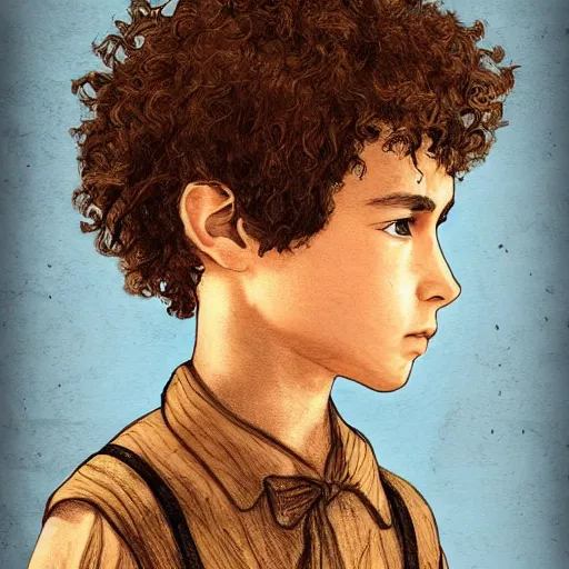 Prompt: highly realistic boy with curly brown hair and brown eyes, a wooden bow on his back, highly detailed and intricate, concept art illustration