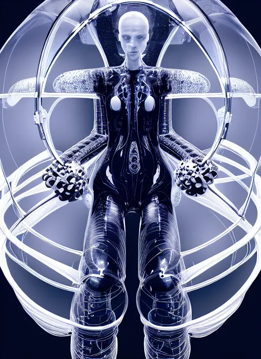 Image similar to background space station, dark inflateble dress iris van herpen positing on floor, elegant helmet instead of a head, perfect symmetrical, full body shot, inflateble shapes, wires, tubes, veins, jellyfish, white biomechanical details, wearing epic bionic implants, masterpiece, intricate, biopunk, vogue, highly detailed, artstation, concept art