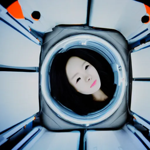 Prompt: a korean woman with long black hair and grey / black futuristic metallic clothing floating in zero - gravity in a spaceship with a white and blue futuristic interior. orange lighting, kodak film grain, expired film