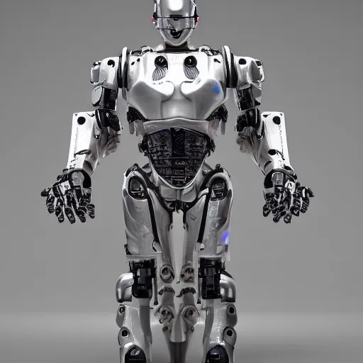 Prompt: An extremely masculine biomechanical robocop, chimeric organism, pale skin, organic polycarbon, full frontal portrait, ex machina, highly detailed, mendelbrot fractal, ray tracing, hyperdetailed, hyperrealistic, oppai cyberpunk, octane render, hdri, 4k,