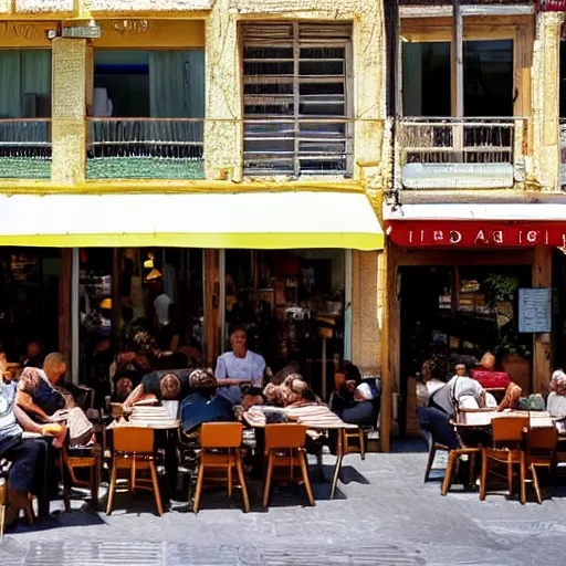Prompt: a sunlit cafe in Tel Aviv, busy, daytime, in the style of Vincent Van Gogh