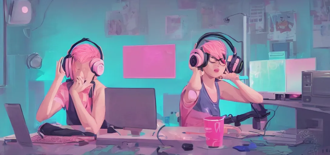 Image similar to a blond woman, pink cat-ear-headphones, sitting in front of computer, gamer, computer nerd, cute room, neon lights, gamer aesthetic, lofi vibes, strong crisp lineart and flat color, by ilya kuvshinov, krenz cushart, Greg Rutkowski, trending on artstation