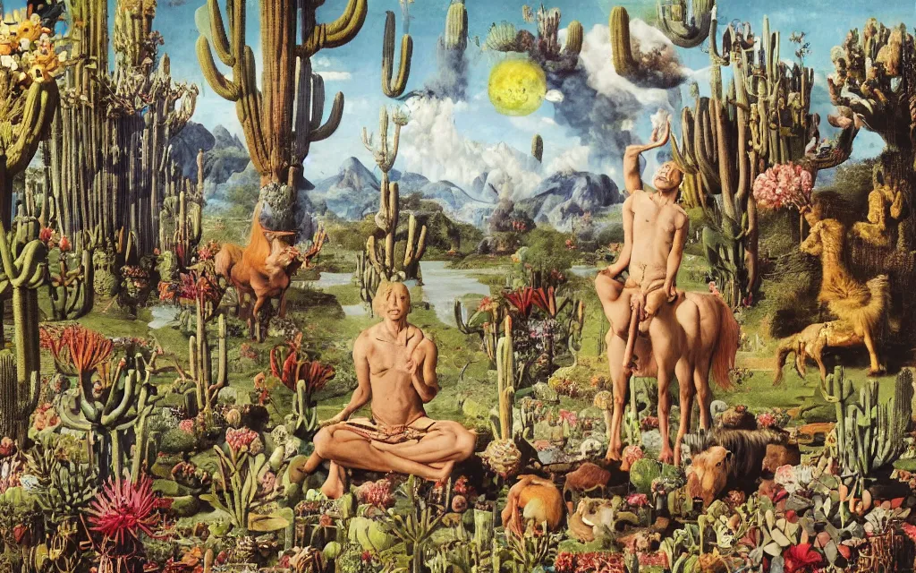 Prompt: photograph of a meditating centaur shaman and a striped werewolf feeding animals. surrounded by bulbous flowers, animals and a few trees and cacti. river delta with cliffs under a blue sky of burning stars. painted by jan van eyck, max ernst, ernst haeckel, ernst fuchs and artgerm. trending on artstation, trending on cgsociety