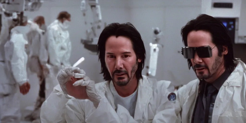 Prompt: beautiful hyperrealism three point perspective film still of Keanu Reeves medical face hugger removal surgery scene in Aliens(1988) extreme closeup portrait in style of 1990s frontiers in translucent porclein miniature street photography seinen manga fashion edition, miniature porcelain model, focus on face, eye contact, tilt shift style scene background, soft lighting, Kodak Portra 400, cinematic style, telephoto by Emmanuel Lubezki