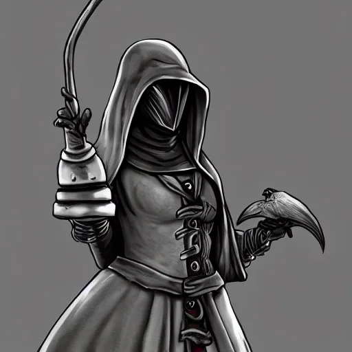 Prompt: female plague doctor donning a black hood, steel knightly armor and a white armored crow mask, trending on artstation