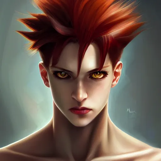 Prompt: portrait of hisoka morow hunter hunter, male, small eyes very thin pursed lips extremely sharp jaw yellow eyes narrow almond eyes sultry eyes dark red hair soft hair slicked back crimson hair anime, elegant, highly detailed, digital painting, artstation sharp focus, madonna art by artgerm and greg rutkowski and alphonse mucha