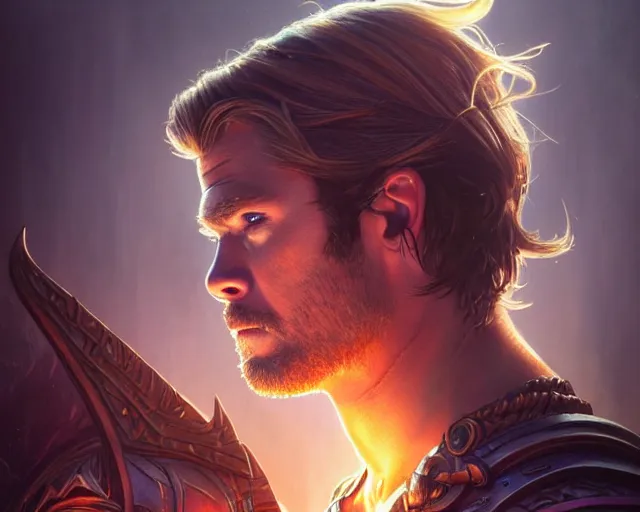 Image similar to photography of chris hemsworth, deep focus, d & d, fantasy, intricate, elegant, highly detailed, digital painting, artstation, concept art, matte, sharp focus, illustration, hearthstone, art by artgerm and greg rutkowski and alphonse mucha