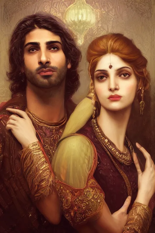 Image similar to a portrait of handsome young male indo-persian Satan and his elegant beautiful indo-persian wife, bored, illustration, dramatic lighting, soft details, painting oil on canvas, art nouveau, octane render, HDR, 4k, 8k, HD, by Edmund Blair Leighton, Brom, Charlie Bowater, trending on artstation, faces by Tom Bagshaw, Sargent