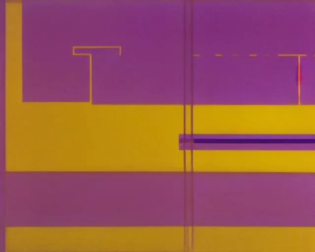 Prompt: purple Japanese city in the distant future. Rain on glass, neon signs, empty. a Rothko painting. three horizontal rectangles. one is yellow, one is red, one is light orange. The red one is the thinnest and has several thin yellow lines running through it with a peak in the middle.