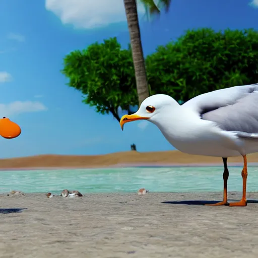 Image similar to a seagull with big eyes looking for a cup of coffee in a beautiful beach in Caribee. Pixar Disney 4K 3d render funny animation movie Oscar winning trending on ArtStation and Behance. Ratatouille style.