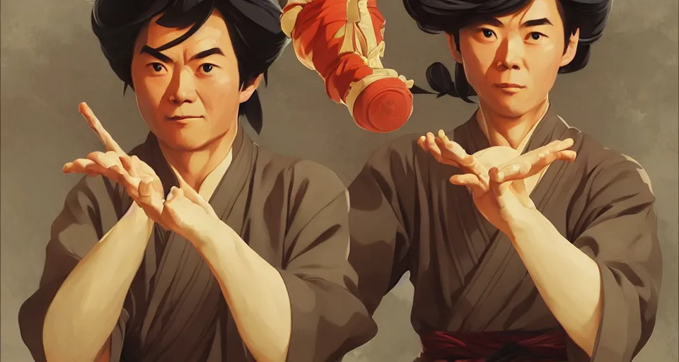 Image similar to wise old kung fu master, in the style of studio ghibli, j. c. leyendecker, greg rutkowski, artgerm