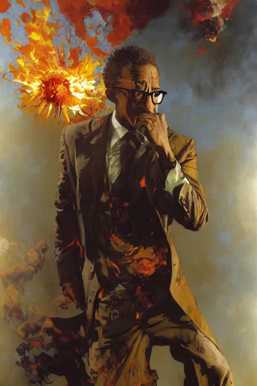 Prompt: gus fring screaming, explosion, exploding, flames, motion lines, action lines, painting by'phil hale '!!! gaston bussiere, craig mullins, greg rutkowski, alphonse mucha,