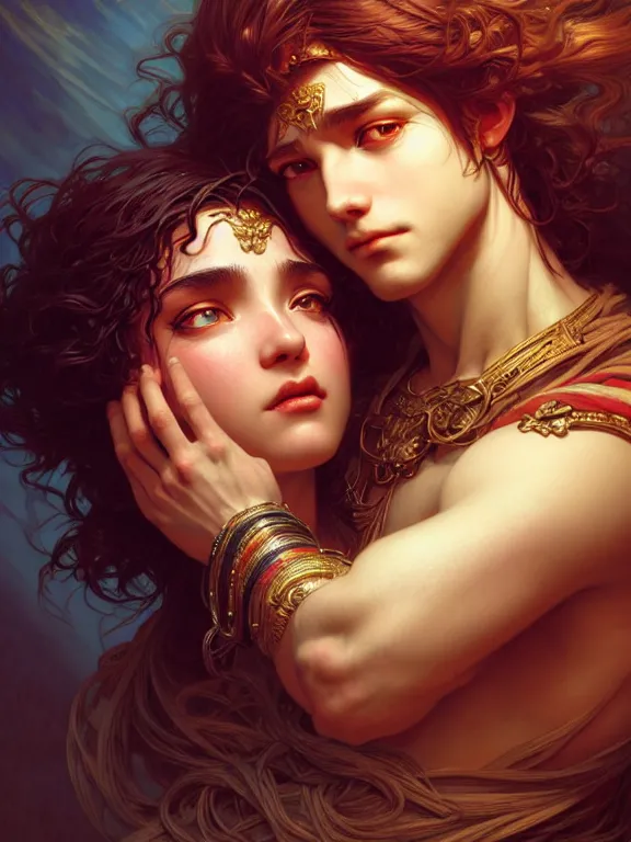 Image similar to samson and delilah, coveted, beautiful and aesthetic, intricate, unreal engine, messy hair, highly detailed, detailed face, smooth, sharp focus, chiaroscuro, renaissance illustration, artgerm, greg rutkowski, ilya kuvshinov, rossdraws, alphonse mucha, young adult light novel cover art