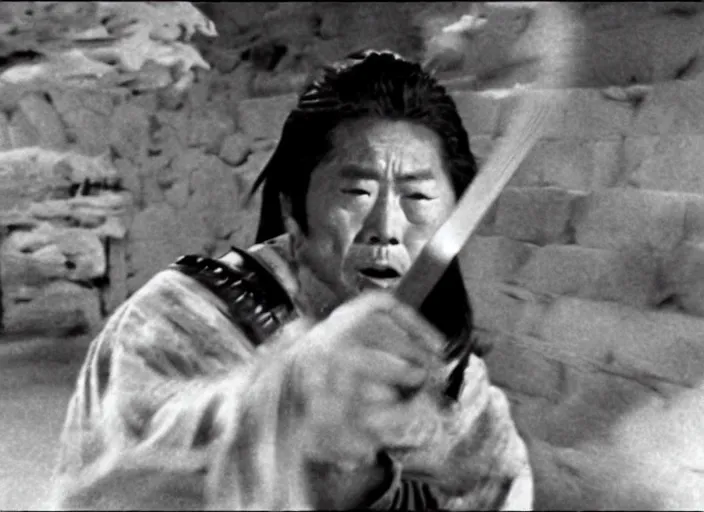 Image similar to a movie still of a samurai slicing through a loaf of bread, a movie by Akira Kurosawa