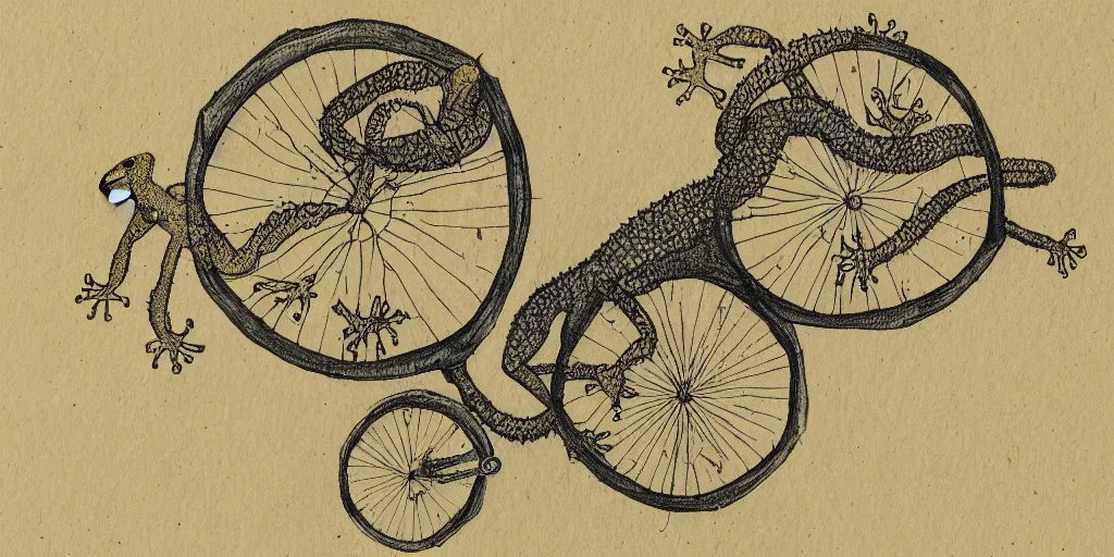 Image similar to a gecko riding a unicycle at dawn, yellowed paper, pen and ink, 1 5 0 0 s, 8 k resolution