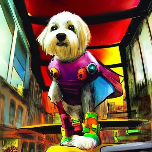 Image similar to cream colored havanese dog dressed as a super hero, tight shot, futuristic city, daytime, bright colors, highly coherent, saga comic, graphic novel, fiona staples