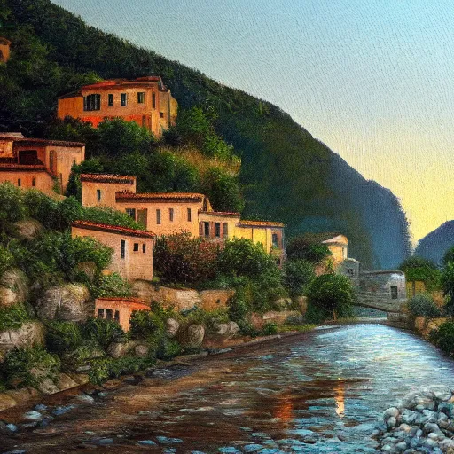 Prompt: High-Quality realist painting of a river crossing a traditional village in a valley in the French Riviera at dawn, peaceful, very detailed, digital art.