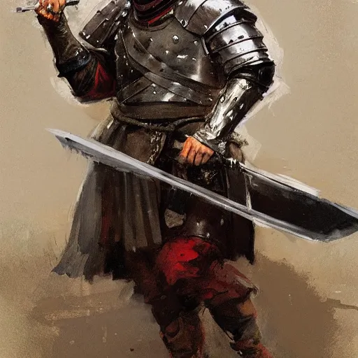 Prompt: portrait of man wearing gambeson and sallet helmet, holding sword, fighting, aggressive, detailed by greg manchess, craig mullins, bernie fuchs, walter everett