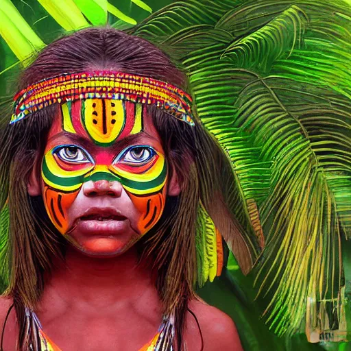 Image similar to portrait of yanomamo girl with tribal face painting in rainforest, digital painting, colorful