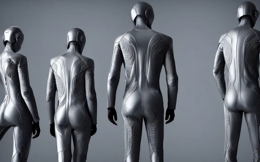 Image similar to love, diverse grey cybersuits, from behind, wide wide angle, vivid, elaborate, highly detailed, beautiful lighting