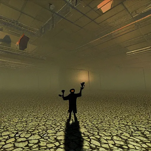 Image similar to screenshot of a playstation 1 psx game where the player is t - posing in deep distance fog