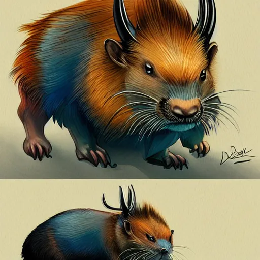 Prompt: speculative evolution of a horned beaver detailed colorful, done by dougal dixon illustration trending on artstation after - man