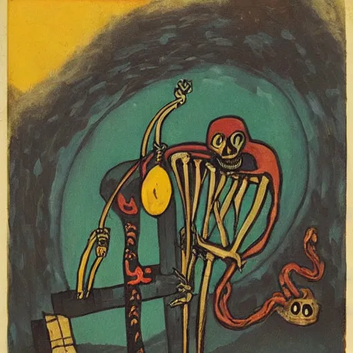 Prompt: A beautiful street art of a horned, red-eyed, skeleton-like creature, with a long black cape, and a staff with a snake wrapped around it, standing in front of a castle atop a cliff. catholicpunk by Arthur Dove