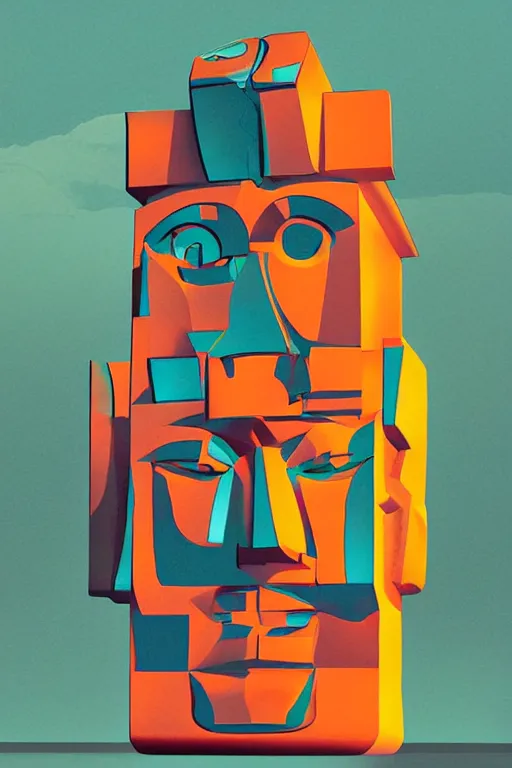 Image similar to cubist moai statue cutout digital illustration cartoon colorful beeple