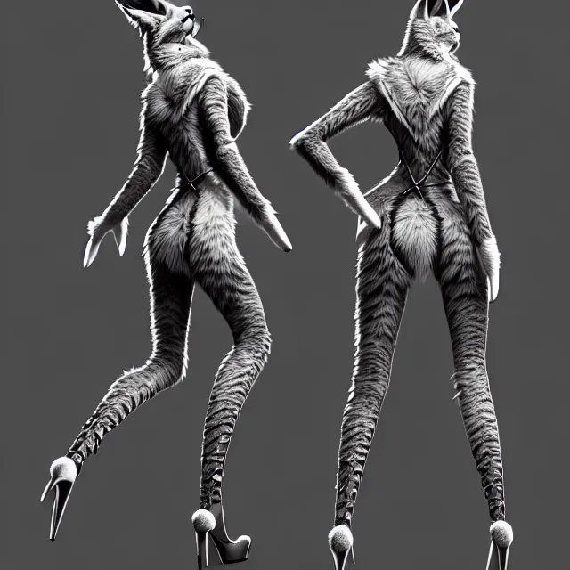 Image similar to the full body of anthropomorphic lynx fursona from behind wearing a steampunk suit as unimaginably beautiful, gorgeous, elegant, young woman with lynx head, an ultrafine hyperdetailed illustration by furaffinity, intricate linework, white fur, unreal engine 5 highly rendered, global illumination, radiant light, detailed and intricate environment