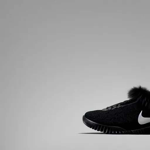 Image similar to nike shoe made of very fluffy black faux fur placed on reflective surface, professional advertising, overhead lighting, heavy detail, realistic by nate vanhook, mark miner