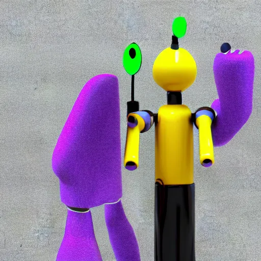 Image similar to a photorealistic 3 d render made in blender of a colourful friendly robot being poked in the eye by a man with a stick. background is a purple gradient