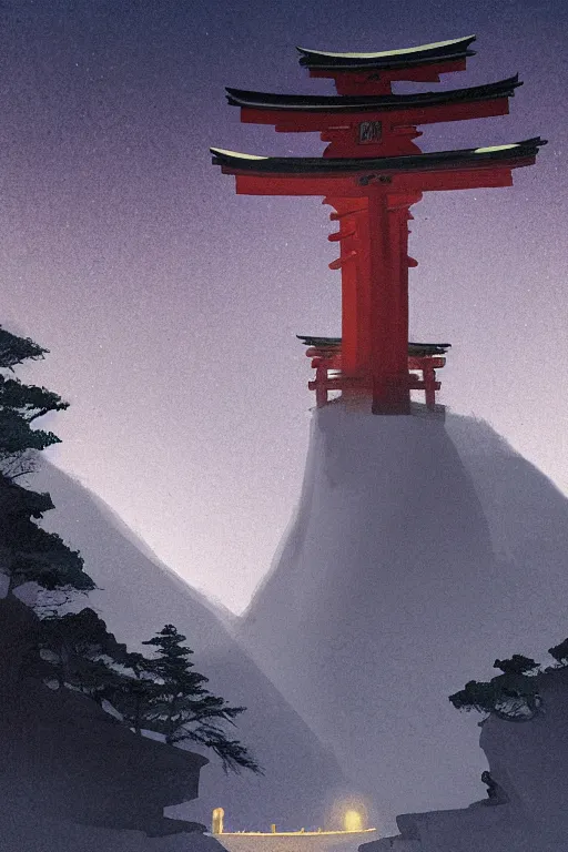 Image similar to Japanese Torii in a moutain ,night , by Grzegorz Rutkowski, concept art