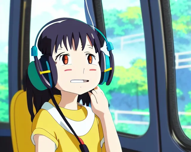 Image similar to anime fine details portrait of joyful girl in headphones in school bus, bokeh. anime masterpiece by Studio Ghibli. 8k render, sharp high quality anime illustration in style of Ghibli, artstation