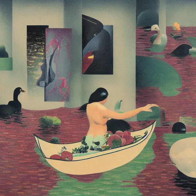 Prompt: painting of flood waters inside an apartment, sensual female emo art student, a river flooding indoors, pomegranates, pigs, ikebana, water, octopus, river, rapids, waterfall, black swans, canoe, berries, acrylic on canvas, surrealist, by magritte and monet