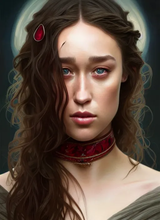 Image similar to portrait of alycia debnam - carey as a vampire lord, jewelry, greek, ruby, intricate, headshot, highly detailed, digital painting, artstation, concept art, sharp focus, cinematic lighting, illustration, art by artgerm and greg rutkowski, alphonse mucha, cgsociety