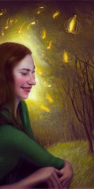 Image similar to infp young woman, smiling, amazed by golden fireflies lights, sitting in the midst of nature fully covered, long loose red hair, intricate linework, green eyes, small nose with freckles, oval shape face, realistic, expressive emotions, dramatic lights mystical scene, hyper realistic ultrafine art by artemisia gentileschi, albert bierstadt, artgerm