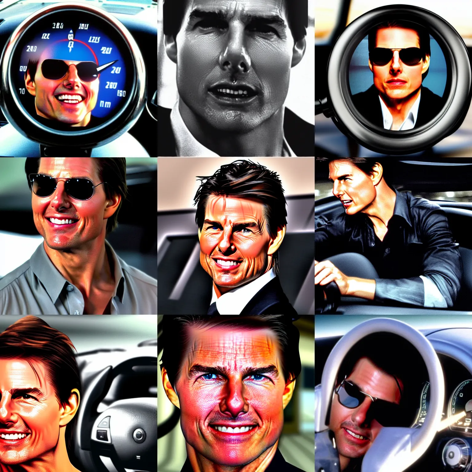 Prompt: tom cruise's face in a car speedometer, car speed controls with tom cruise's face, cruise control